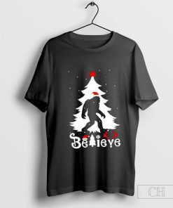 Bigfoot Santa hat Pine Tree Believe Christmas t shirt