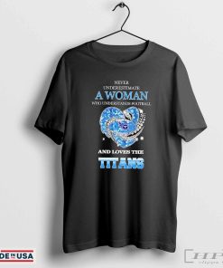 Never underestimate a woman who understands football and loves the Tennessee Titans rhinestone heart 2024 shirt