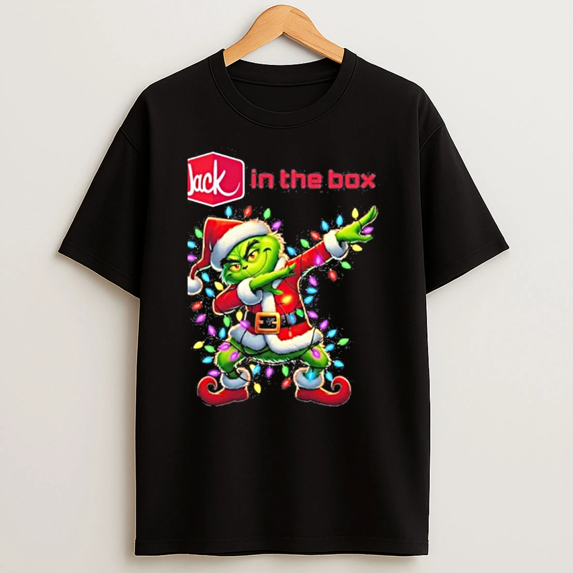 Jack In The Box Logo X Grinch Dabbing Light Christmas Tshirt Hoodie