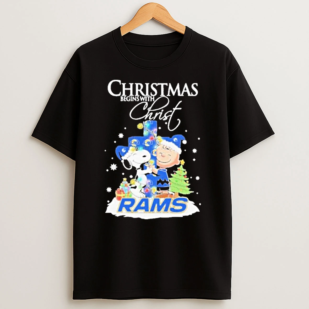 2025 Snoopy And Charlie Brown The Peanuts X Los Angeles Rams Merry Christmas Begins With Christ Tshirt Hoodie