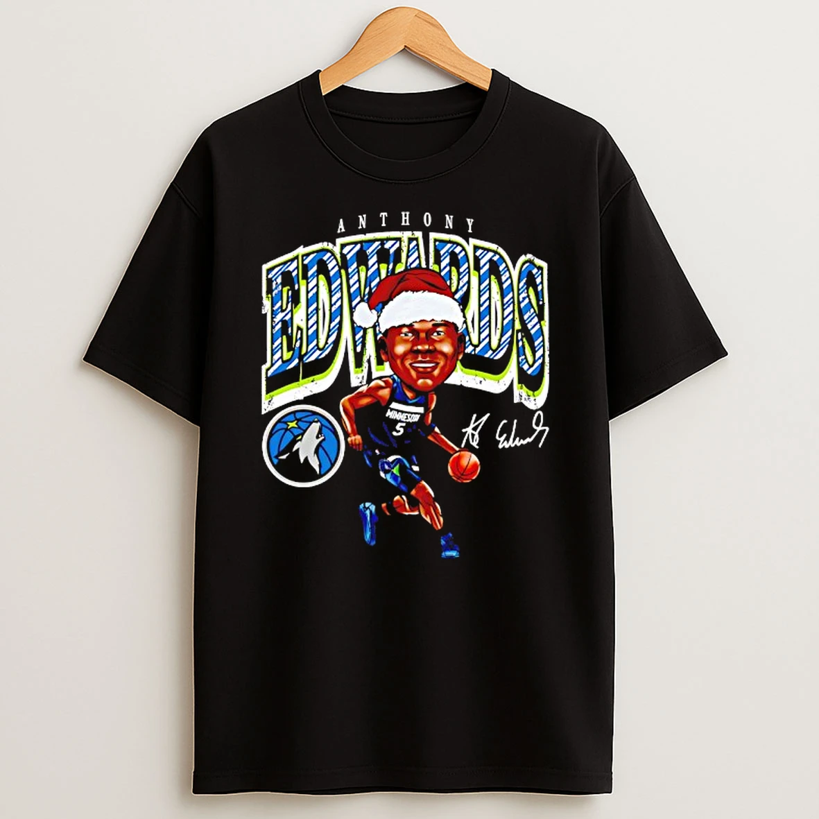 Anthony Edwards With Santa Hat Minnesota Timberwolves Caricature Signature Tshirt Hoodie