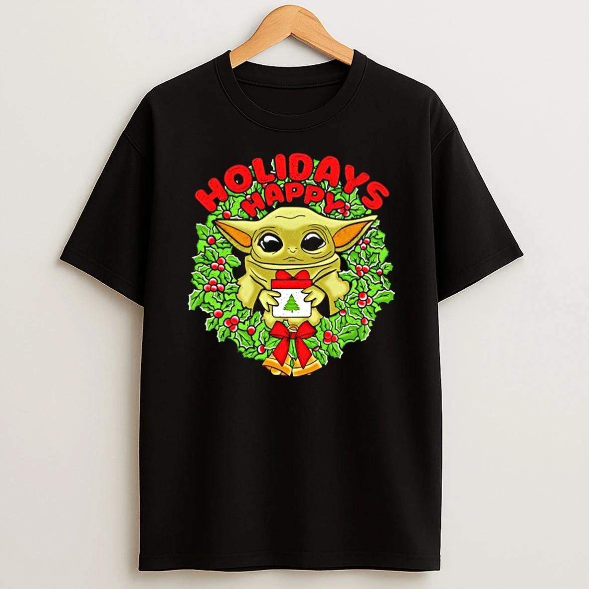 Baby Yoda Happy Holidays Wreath Christmas Tshirt Hoodie