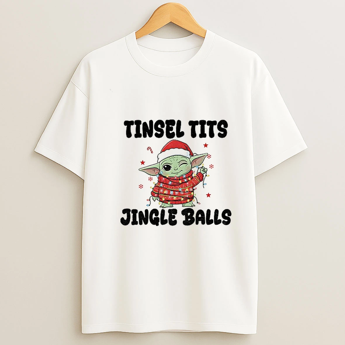 Baby Yoda Santa Claus Tinsel Tits Jingle Balls Merry Christmas Tshirt Hoodie