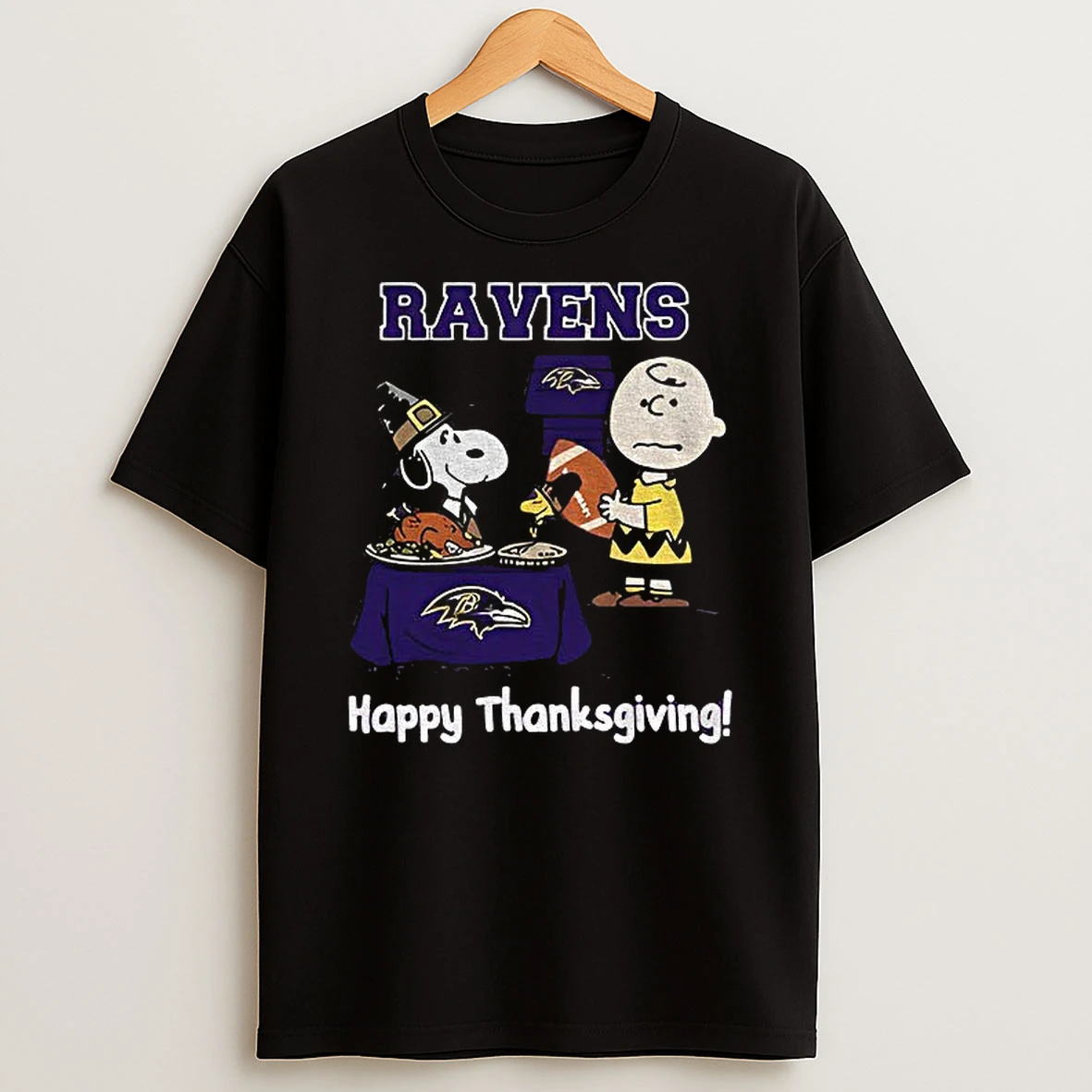 Baltimore Ravens Thanksgiving With Snoopy And Charlie Brown Nfl Tshirt Hoodie