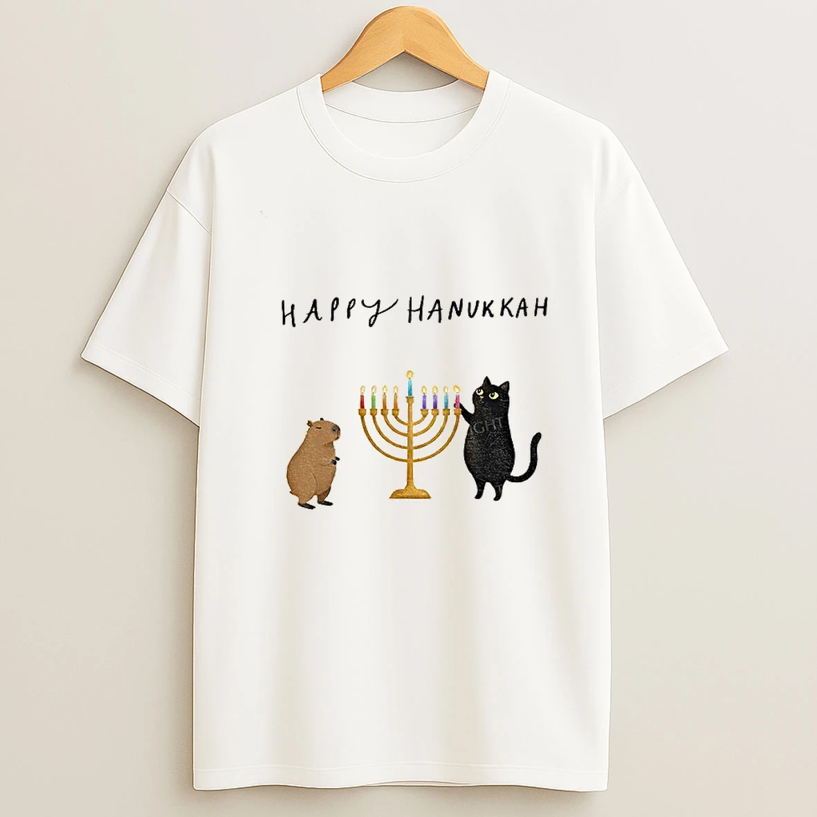 Capybara And Black Cat Light Hanukkah Candles Happy Chrismukkah Christmas Tshirt Hoodie
