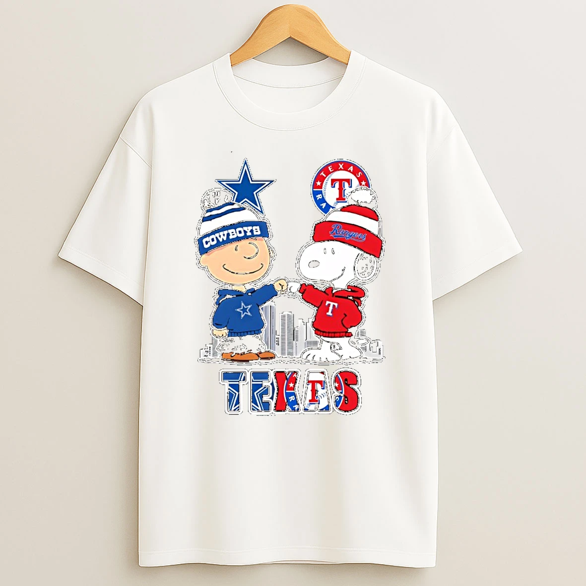 Charlie Brown Snoopy Wearing Dallas Cowboys Texas Rangers Apparel Tshirt Hoodie