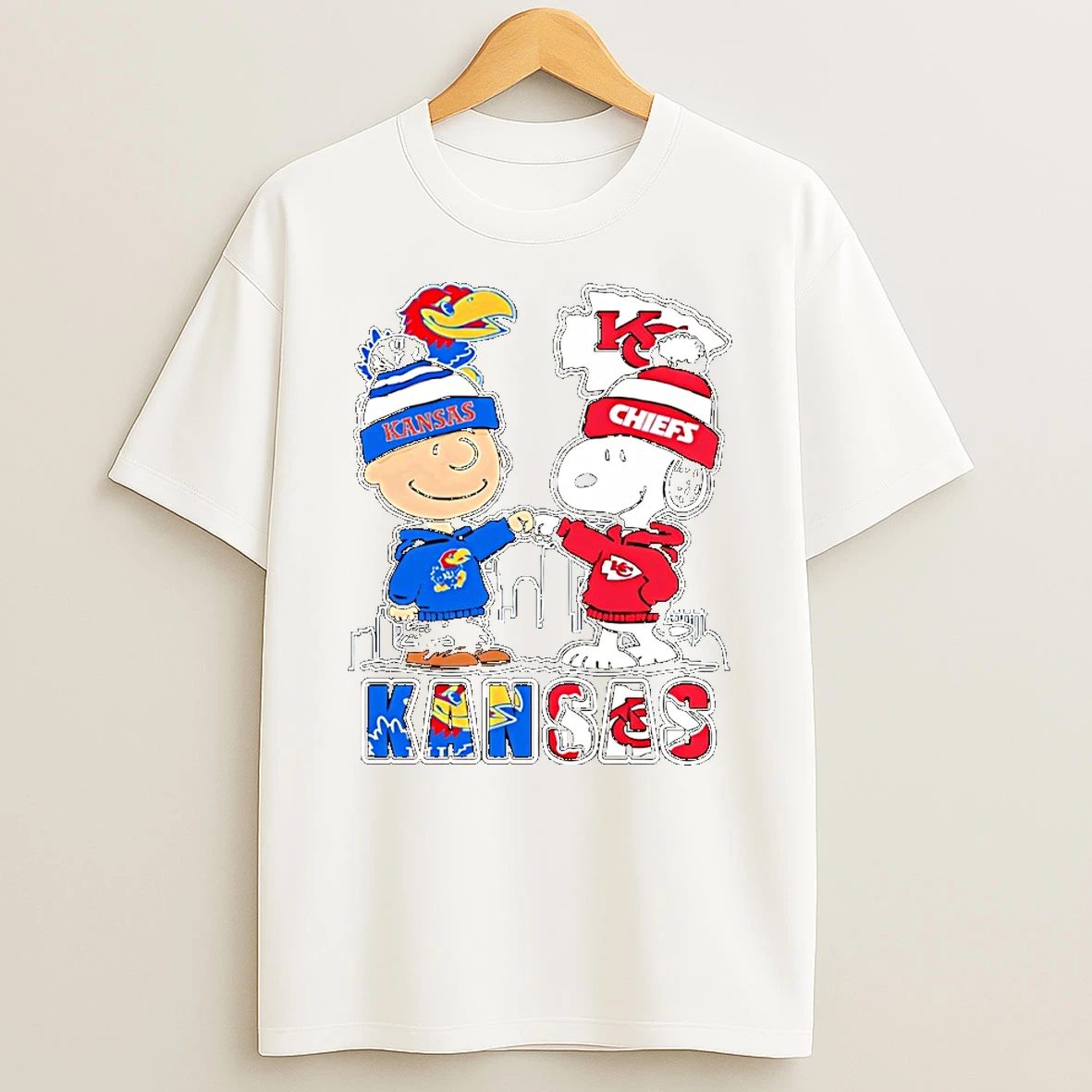 Charlie Brown Snoopy Wearing Kansas Jayhawk Kansas City Chiefs Apparel Tshirt Hoodie