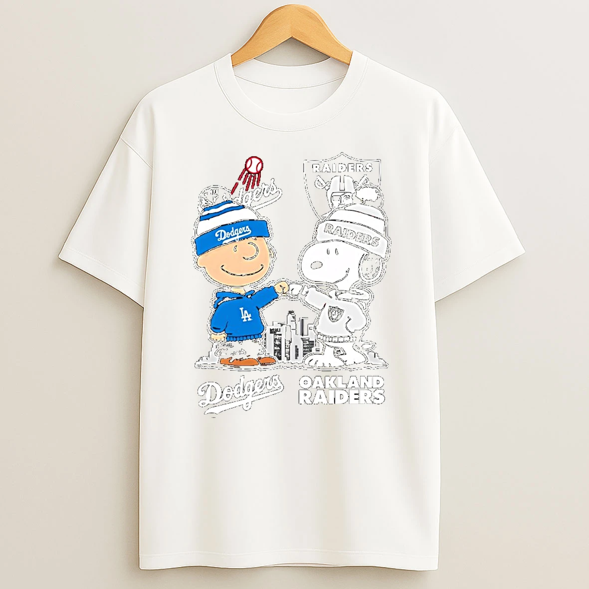 Charlie Brown Snoopy Wearing Los Angeles Dodgers Oakland Raiders Apparel Tshirt Hoodie