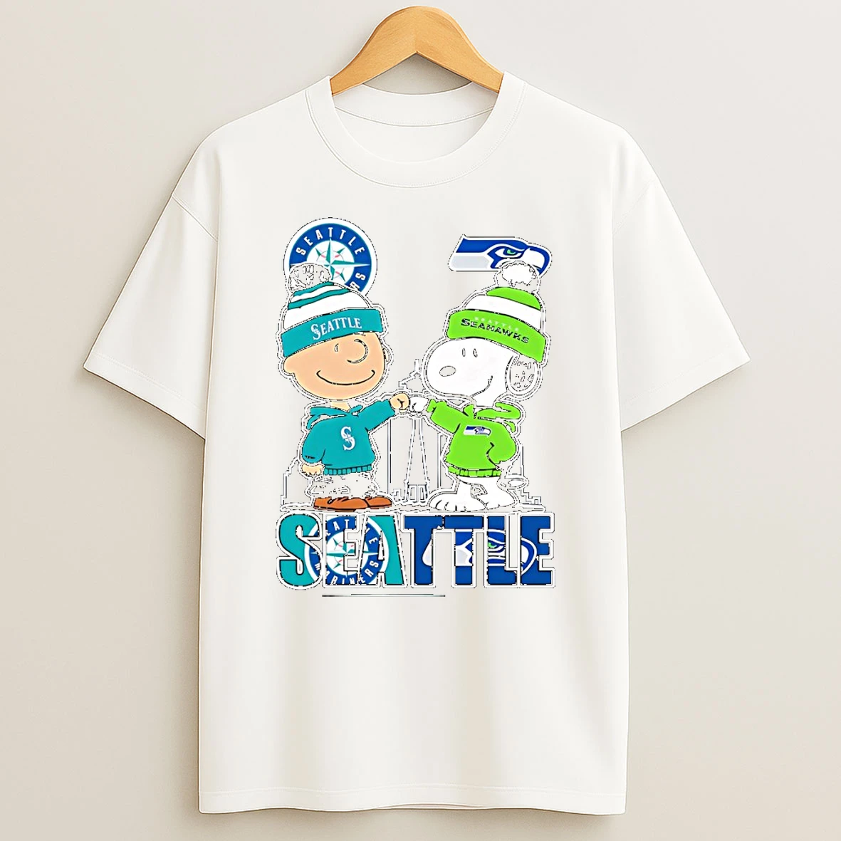 Charlie Brown Snoopy Wearing Seattle Seahawks Seattle Mariners Apparel Tshirt Hoodie