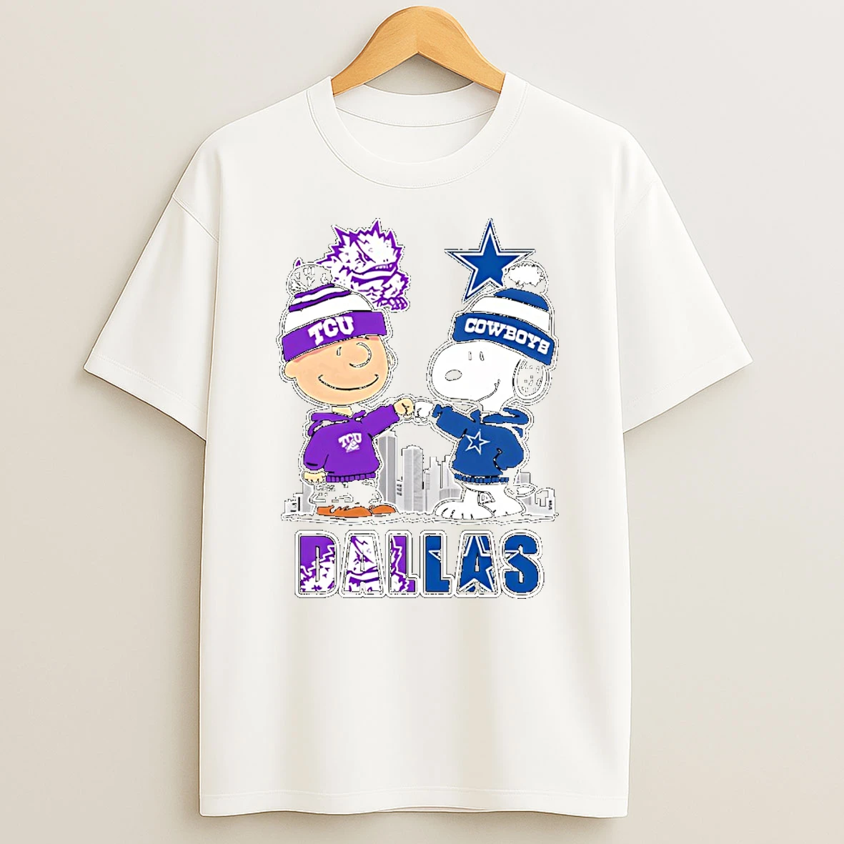 Charlie Brown Snoopy Wearing Tcu Horned Frogs Dallas Cowboys Apparel Tshirt Hoodie