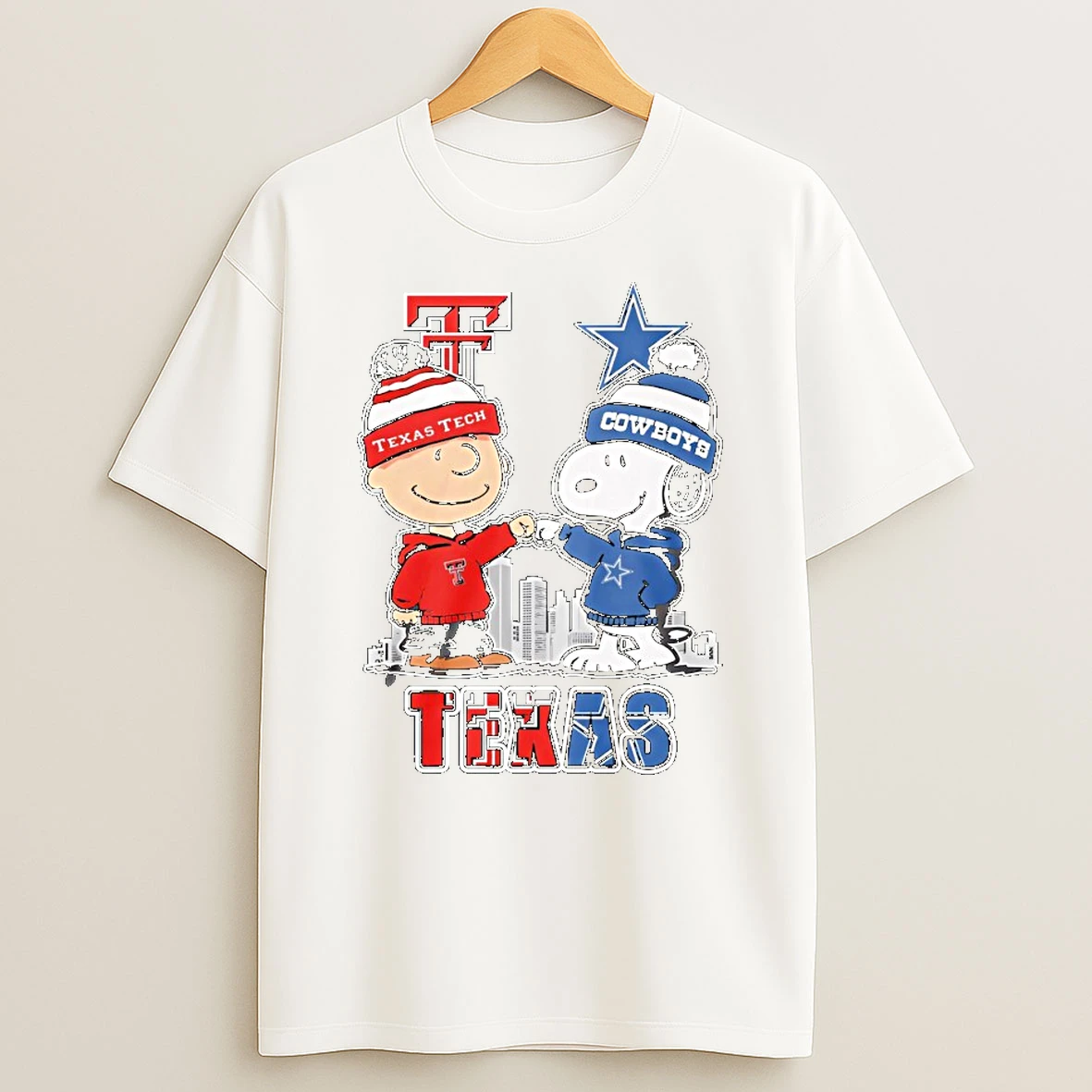 Charlie Brown Snoopy Wearing Texas Tech Dallas Cowboys Apparel Tshirt Hoodie