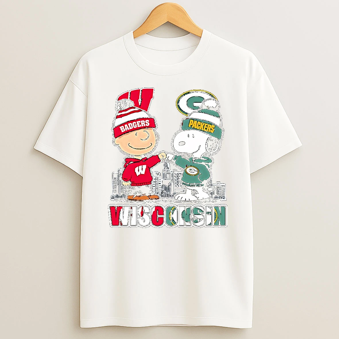Charlie Brown Snoopy Wearing Wisconsin Badgers Green Bay Packers Apparel Tshirt Hoodie