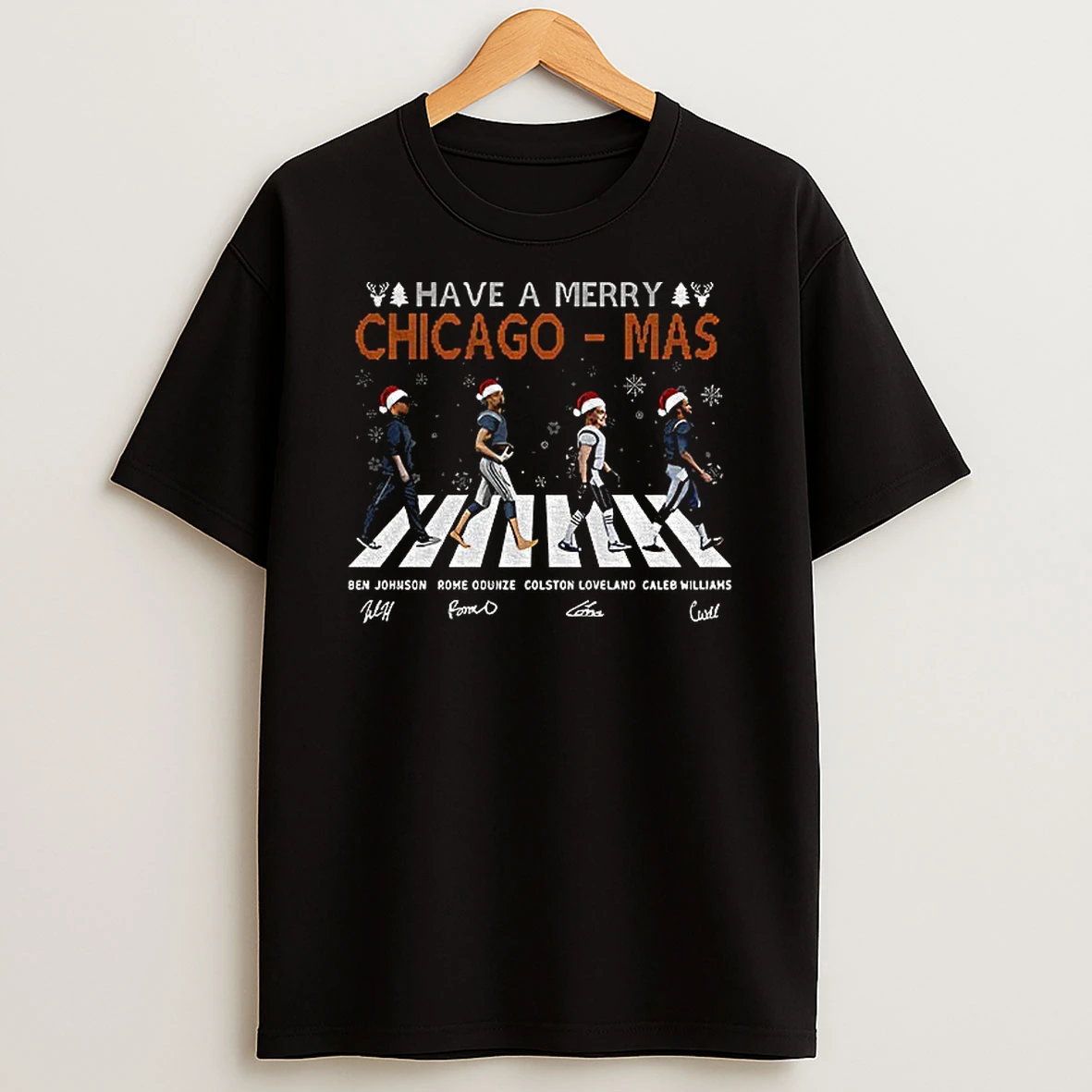Chicago Bears Johnson Odunze Loveland Williams Santa Abbey Road Have A Merry Chicago Mas Christmas Tshirt Hoodie