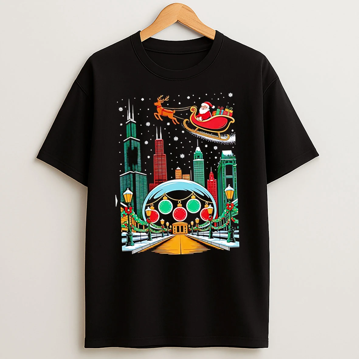Chicago Skyline With Santas Sleigh Christmas Tshirt Hoodie
