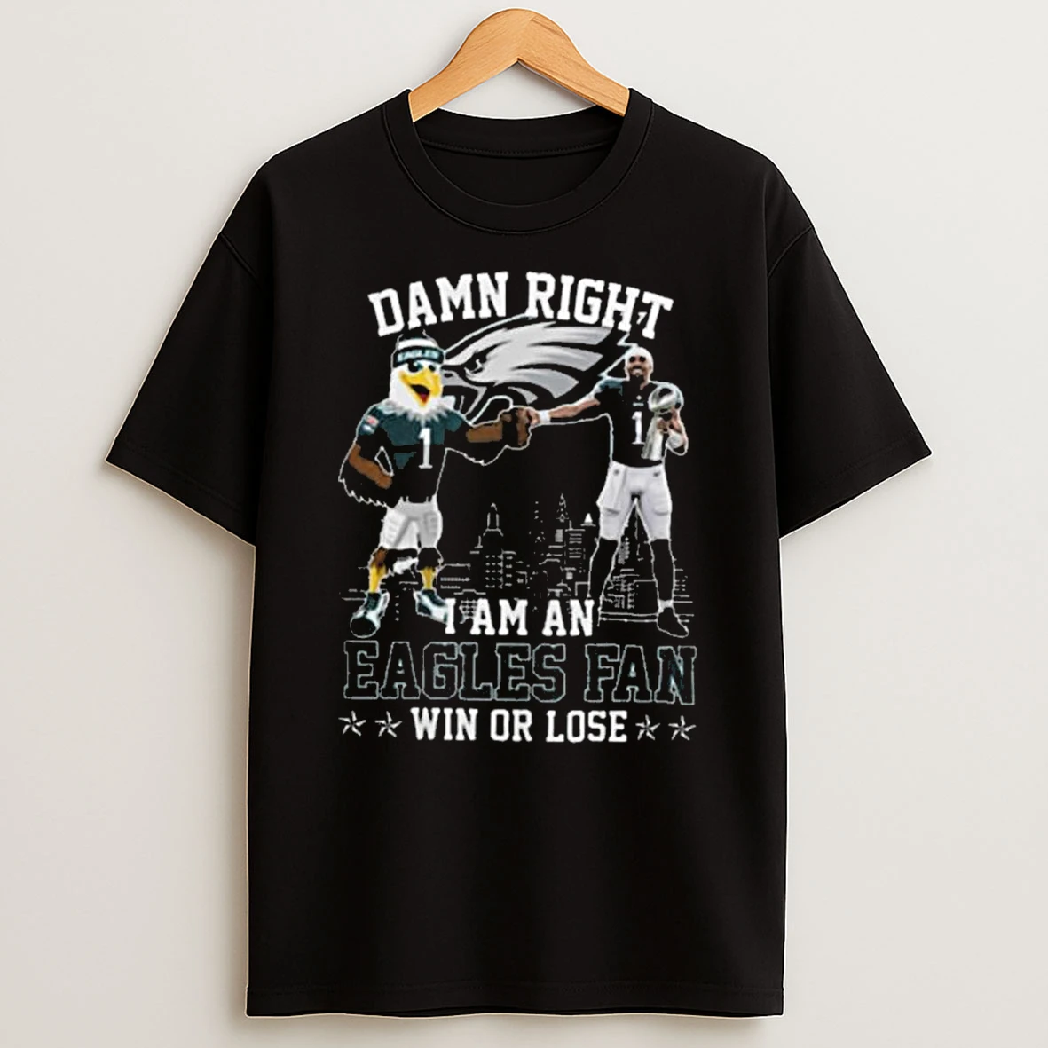Damn Right I Am A Philadelphia Eagles Fan Win Or Lose Jalen Hurts Mascot Tshirt Hoodie