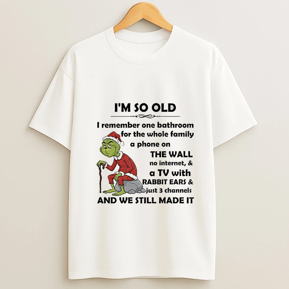 Fh5iy37o Grinch Santa Hat Im So Old I Remember One Bathroom For The Whole Family A Phone On The Wall Christmas Tshirt Hoodie