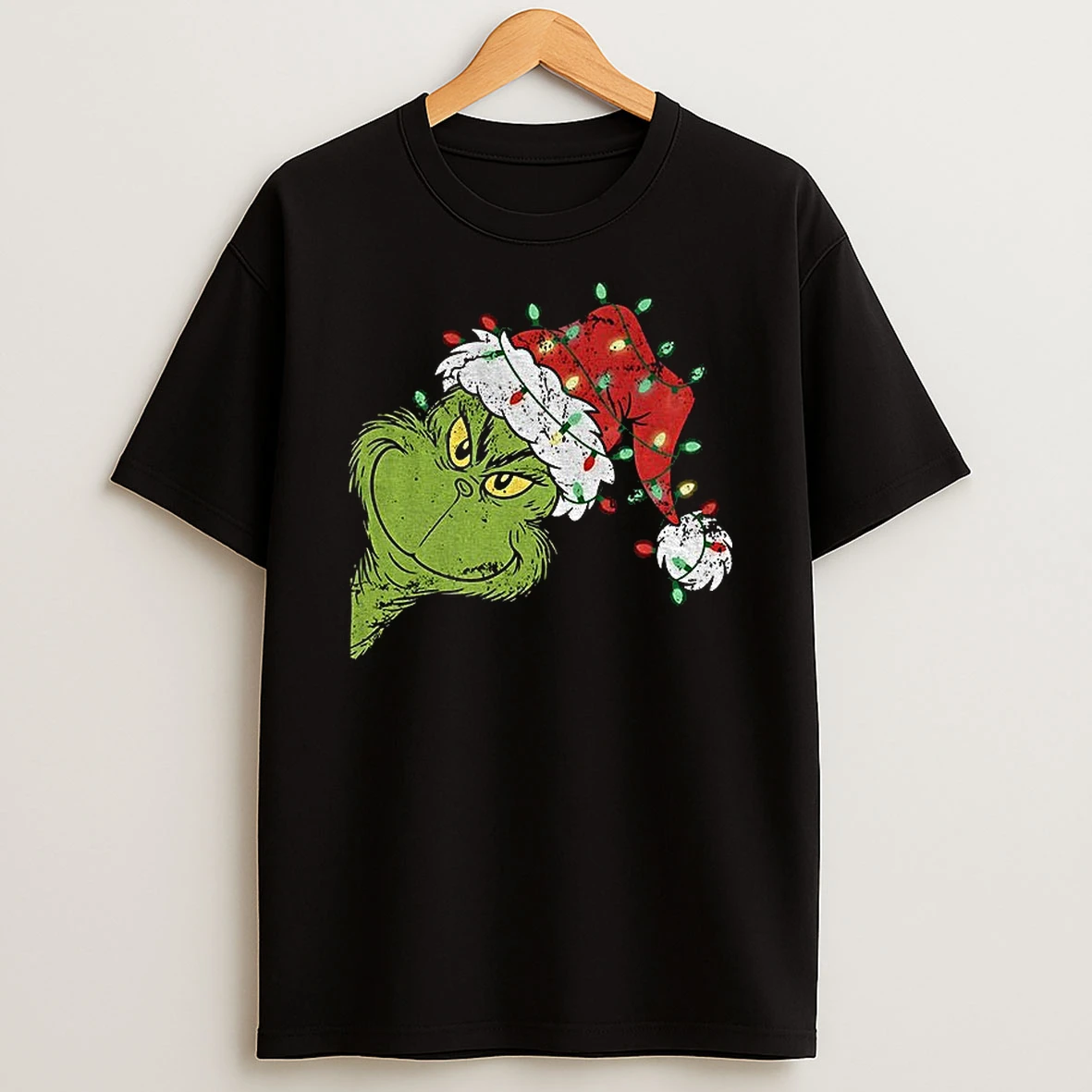 Funny Grinch Lights Clipart Santa Hat Merry Christmas Tshirt Hoodie