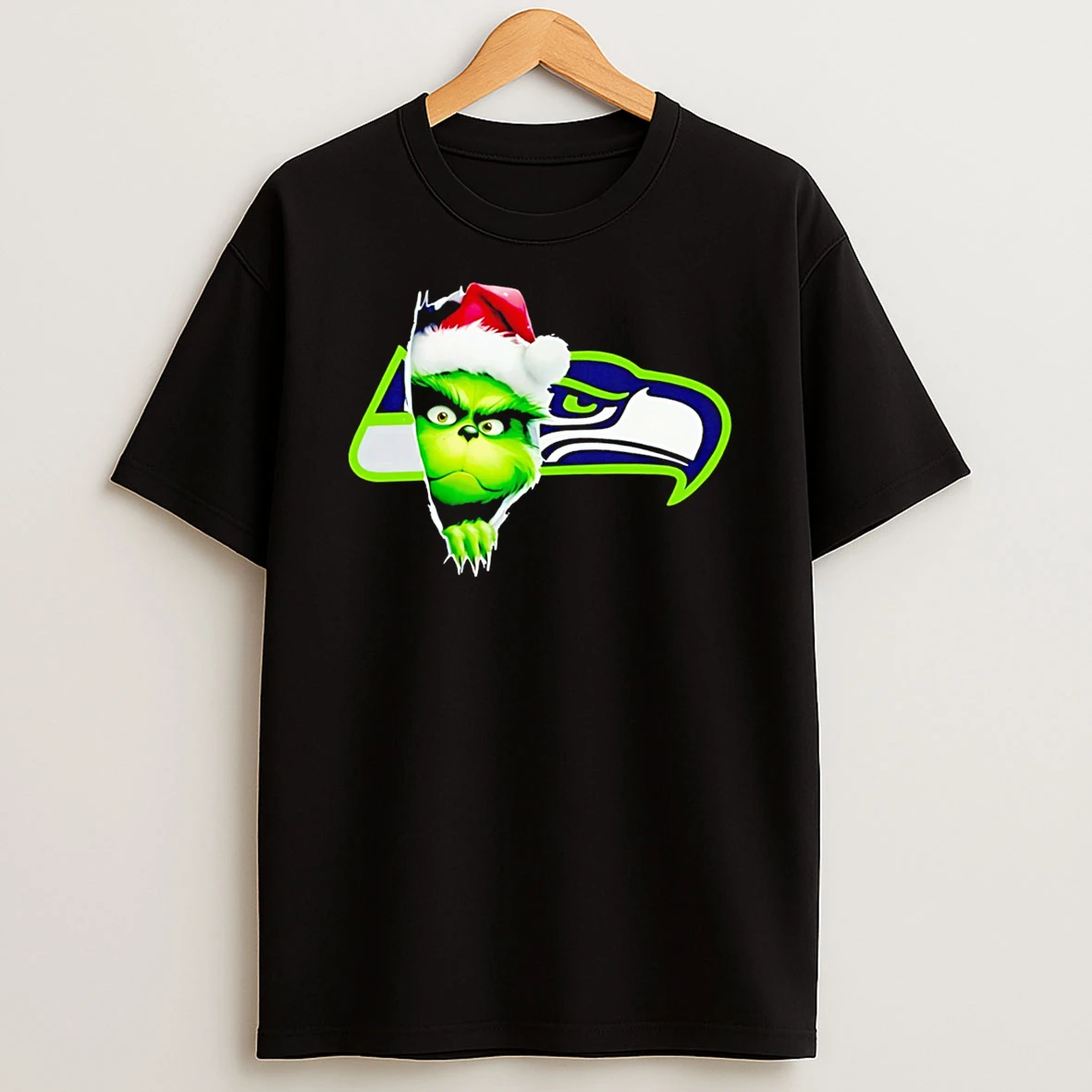 Grinch Peeking Through Seattle Seahawks Christmas Holiday Tshirt Hoodie