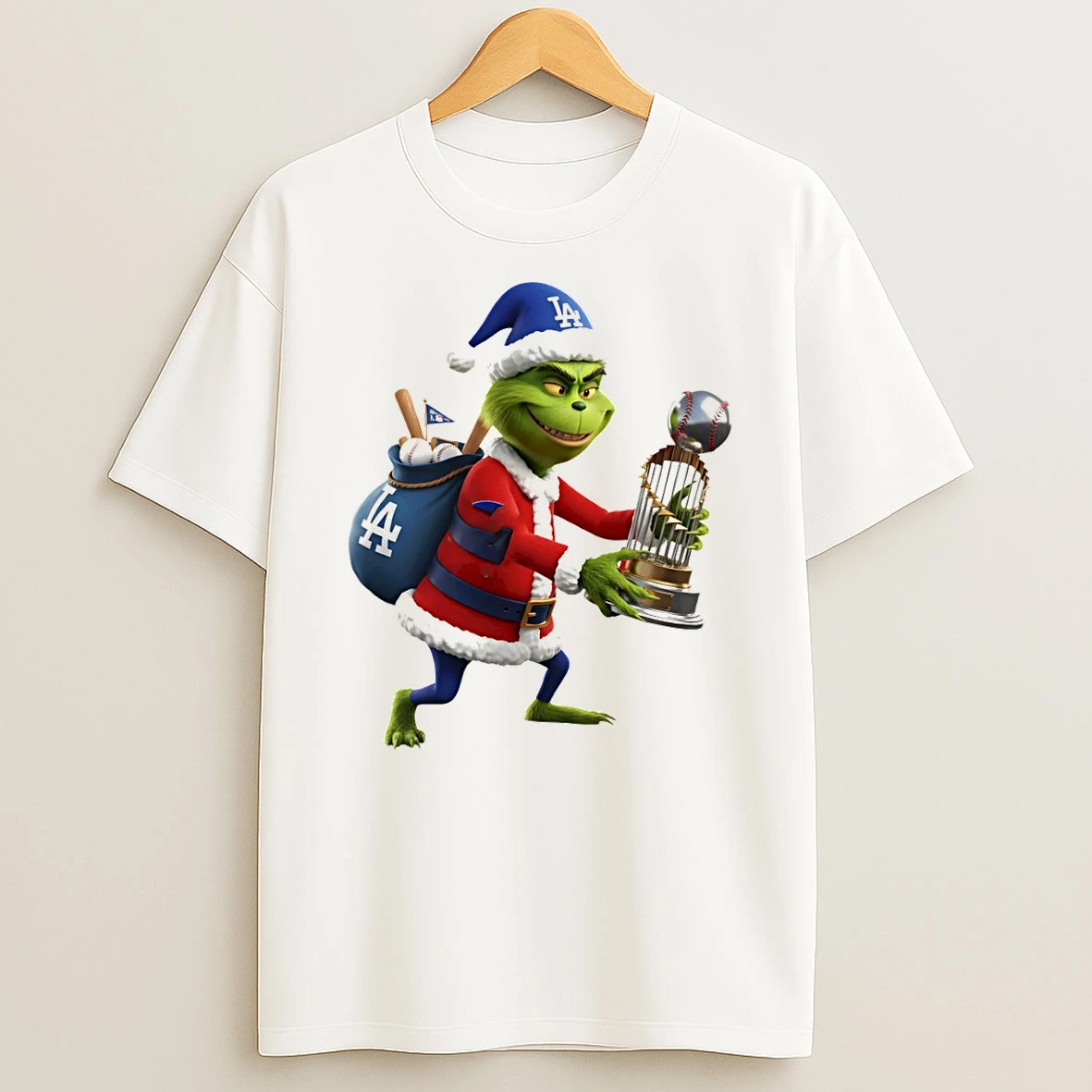 Grinch Santa Claus Holding Trophy Los Angeles Dodgers Mlb Baseball 2025 Tshirt Hoodie