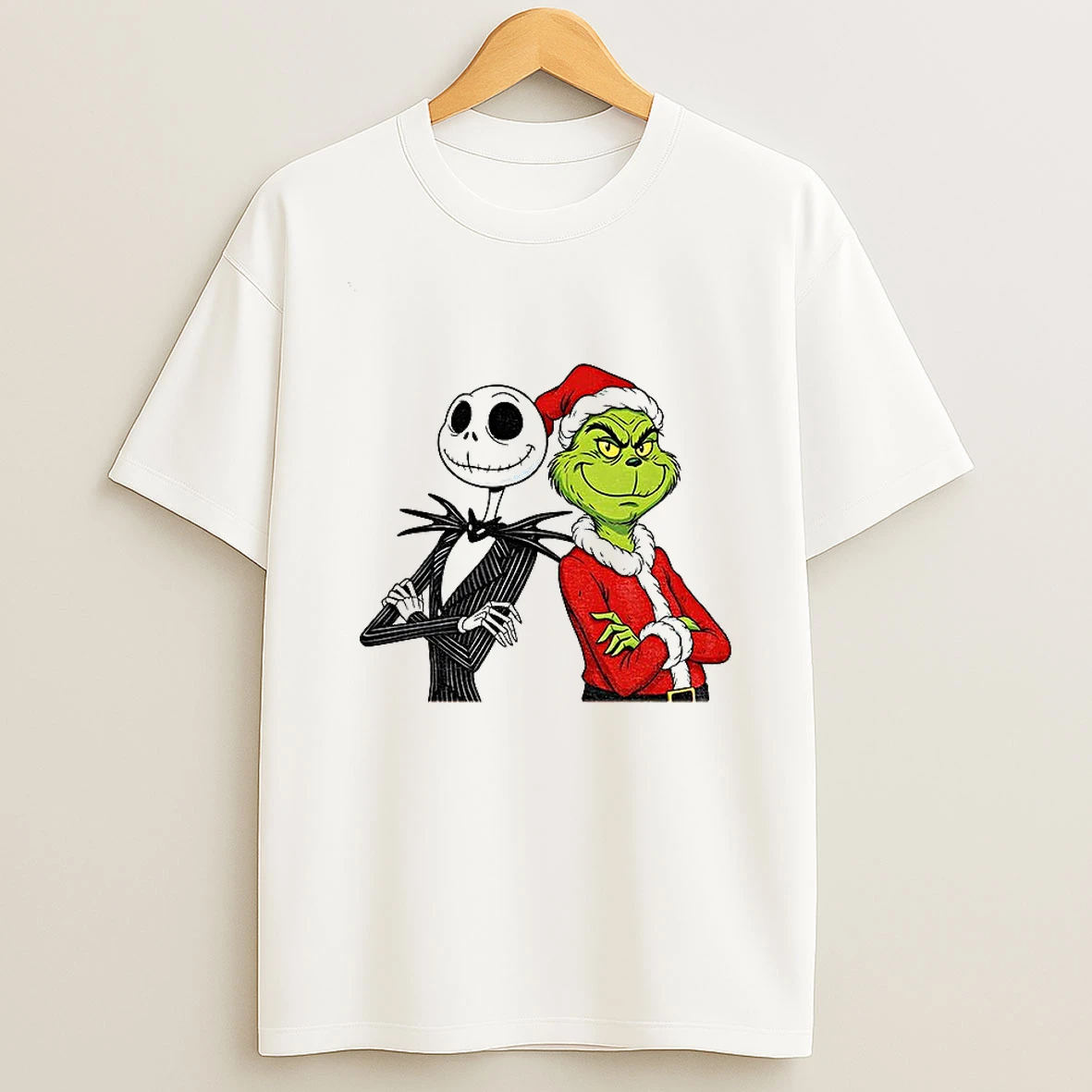 Jack Skellington And Grinch Santa Hat Merry Christmas Tshirt Hoodie