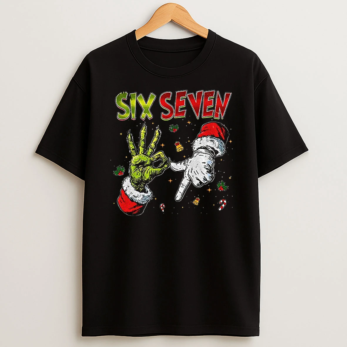 Jumper Xmas Grinch And Santa Hand Six Seven 67 Meme Tshirt Hoodie