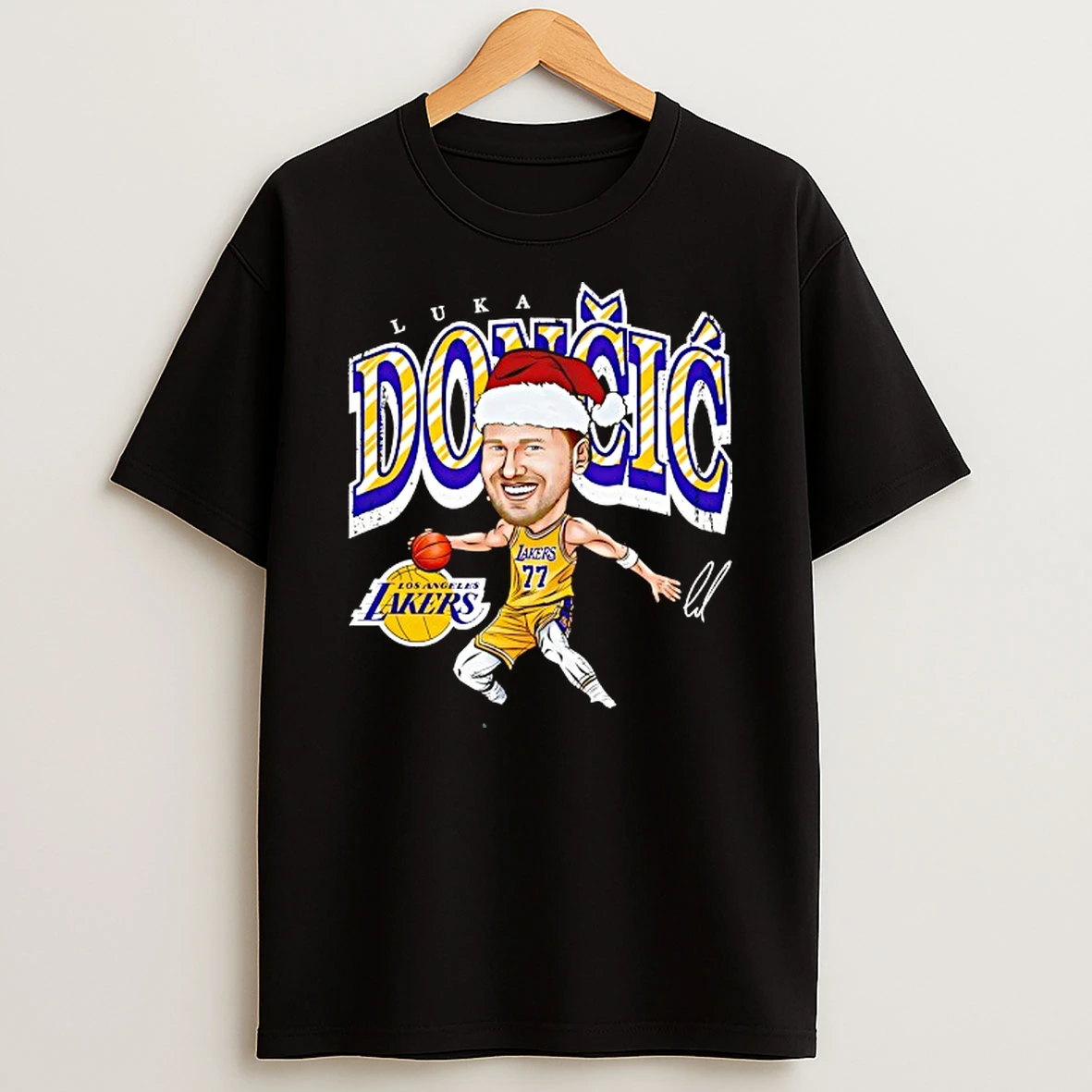 Luka Doncic With Santa Hat Los Angeles Lakers Caricature Signature Tshirt Hoodie