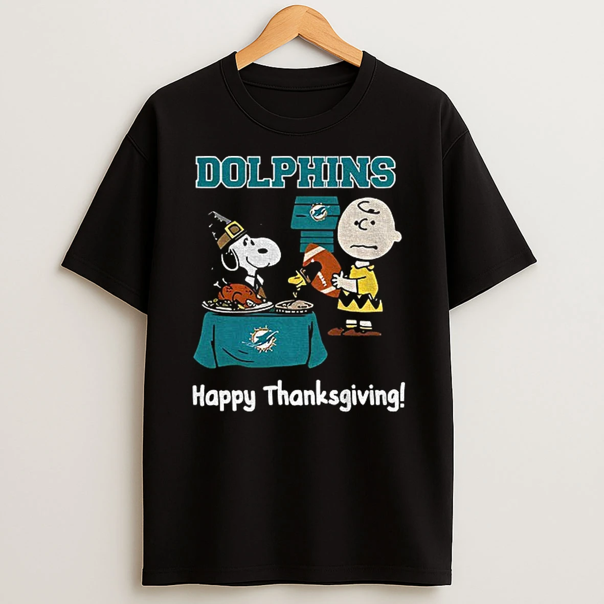Miami Dolphins Thanksgiving With Snoopy And Charlie Brown Nfl Tshirt Hoodie