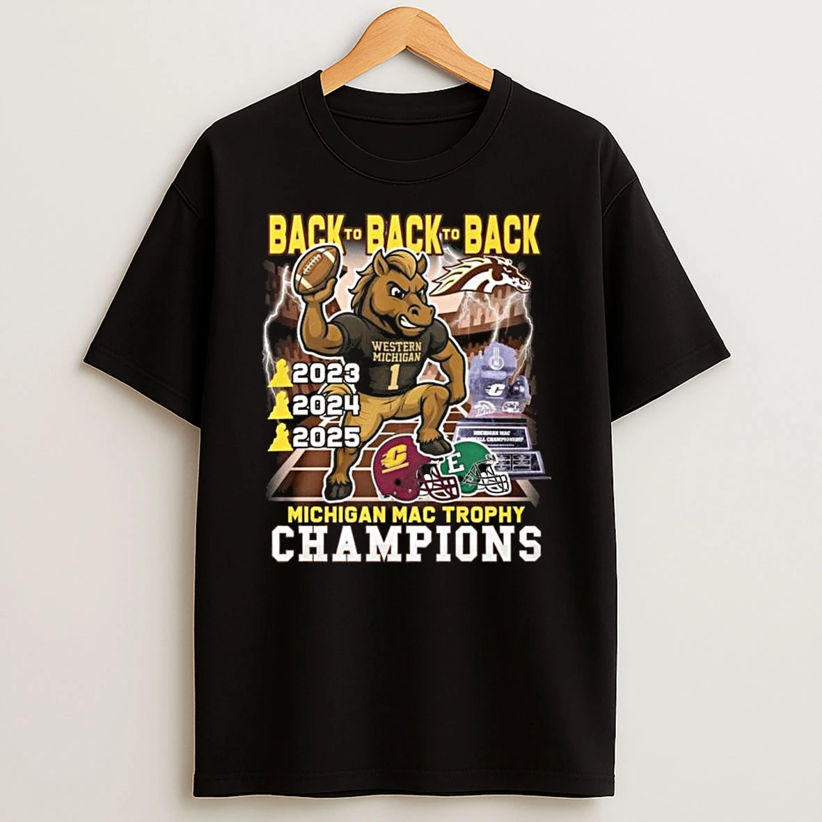 Michigan Mac Trophy Back To Back To Back Champions 2023 2025 Mascot Tshirt Hoodie