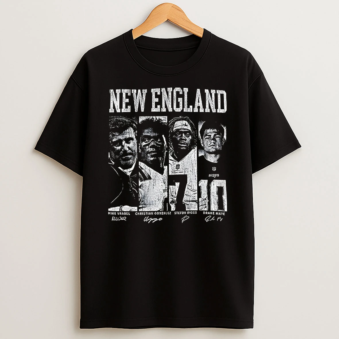 Mike Vrabel Christian Gonzalez Stefon Diggs Drake Maye New England Patriots Nfl Football Signatures Tshirt Hoodie