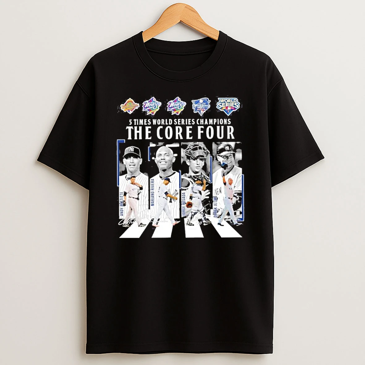 New York Yankees 5 Time World Series Champions The Core Four Abbey Road Signatures Tshirt Hoodie