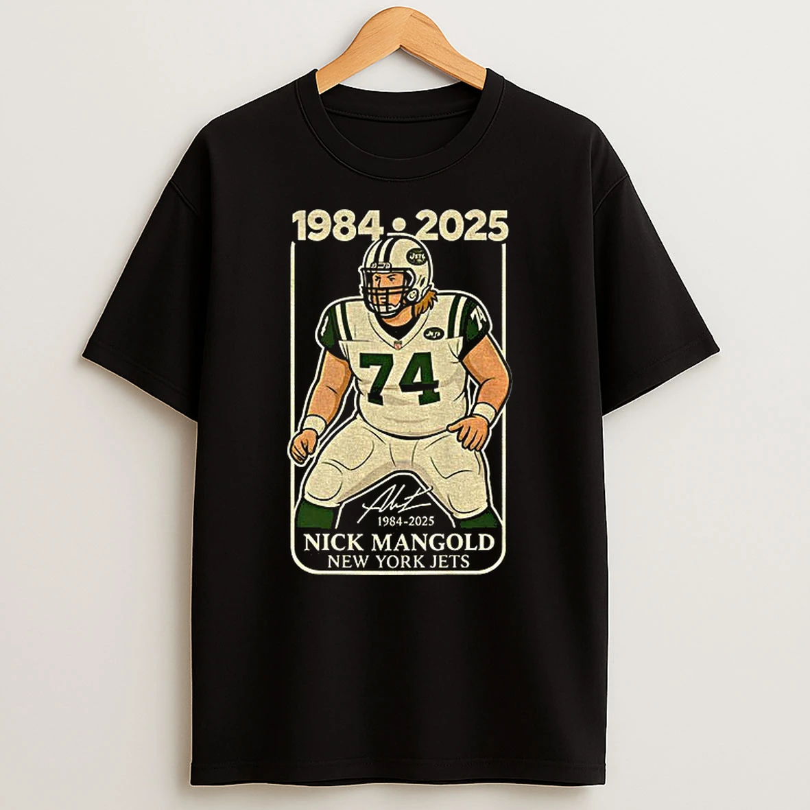 Nick Mangold 74 New York Jets Helmet Tribute Football Sports Card Legend 1984 2025 Signature Tshirt Hoodie