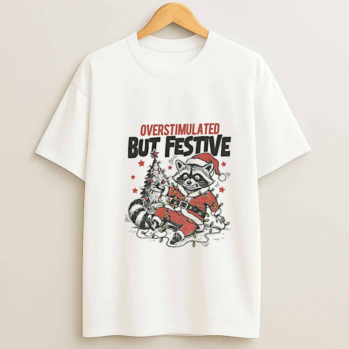 Overstimulated But Festive Funny Raccoon Vs Santa Claus Hat Tshirt Hoodie