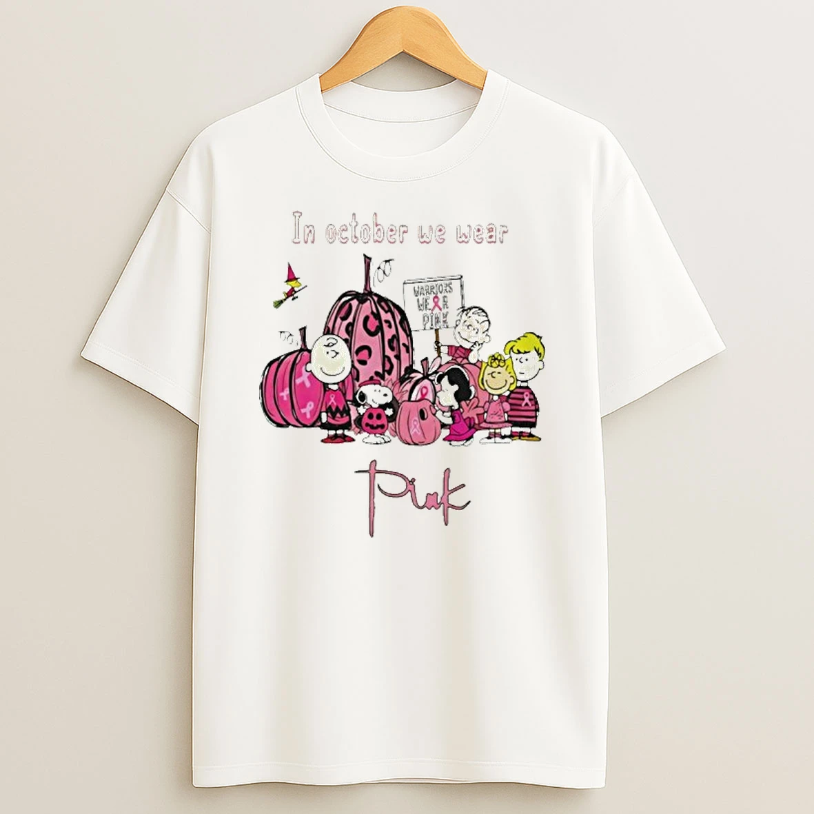 Peanut Snoopy Charlie Brown Friends In October We Wear Pink Halloween Breast Cancer Awareness Tshirt Hoodie
