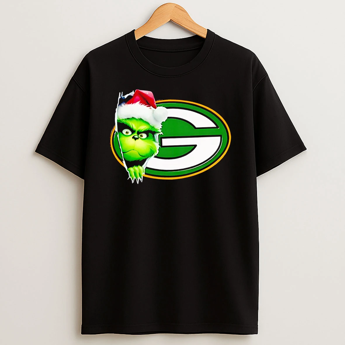 Premium Grinch Peeking Through Green Bay Packers Christmas Holiday Tshirt Hoodie