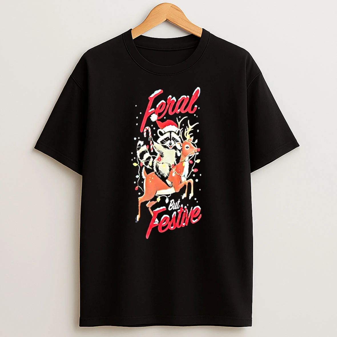 Raccoon Riding Reindeer Feral But Festive Christmas Tshirt Hoodie