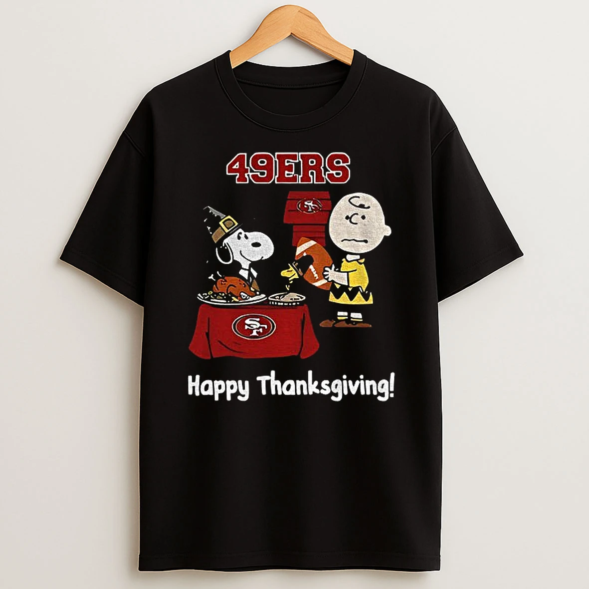 San Francisco 49ers Thanksgiving With Snoopy And Charlie Brown Nfl Tshirt Hoodie