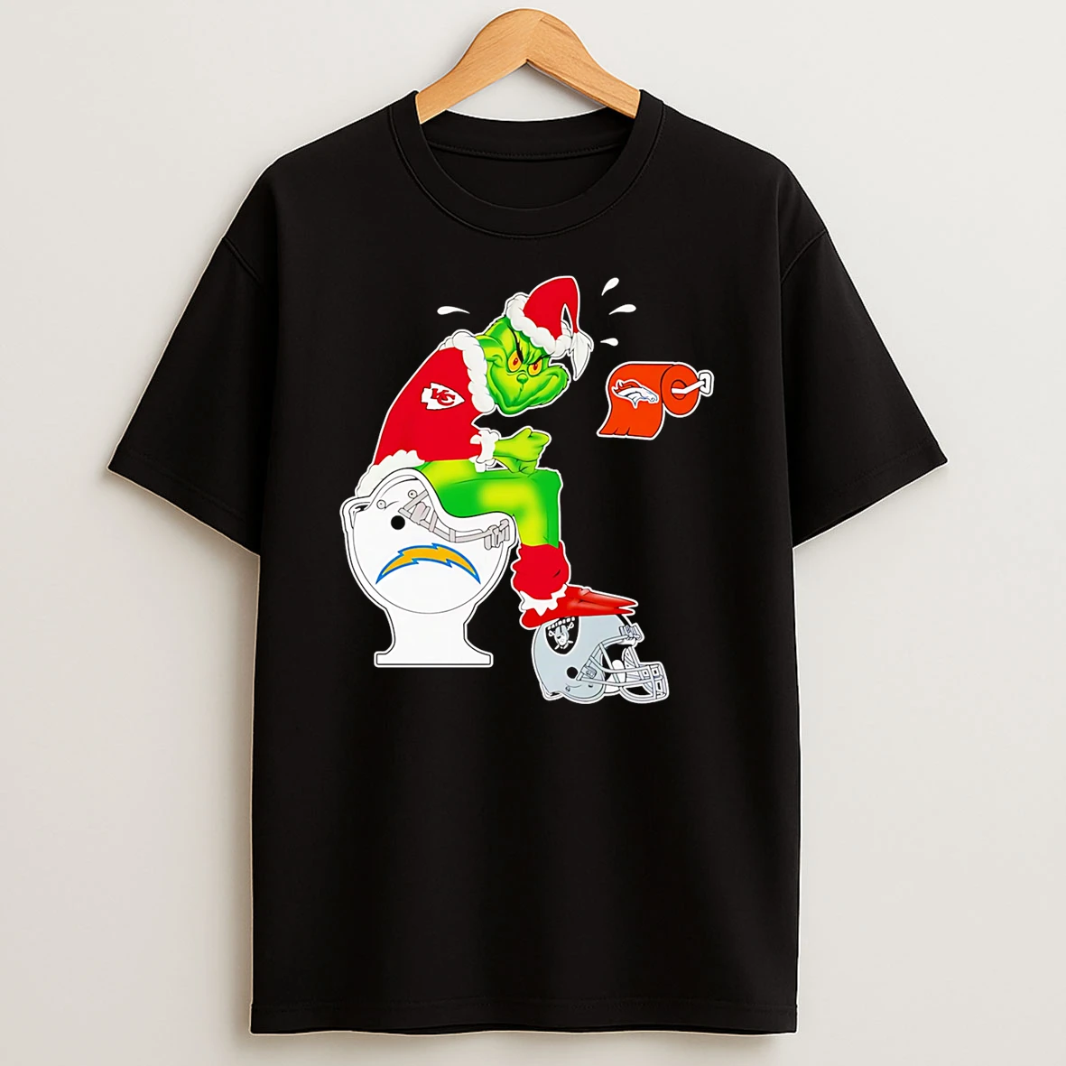Santa Grinch Kc Chiefs Toilet On Los Angeles Chargers Denver Broncos Las Vegas Raiders Tshirt Hoodie