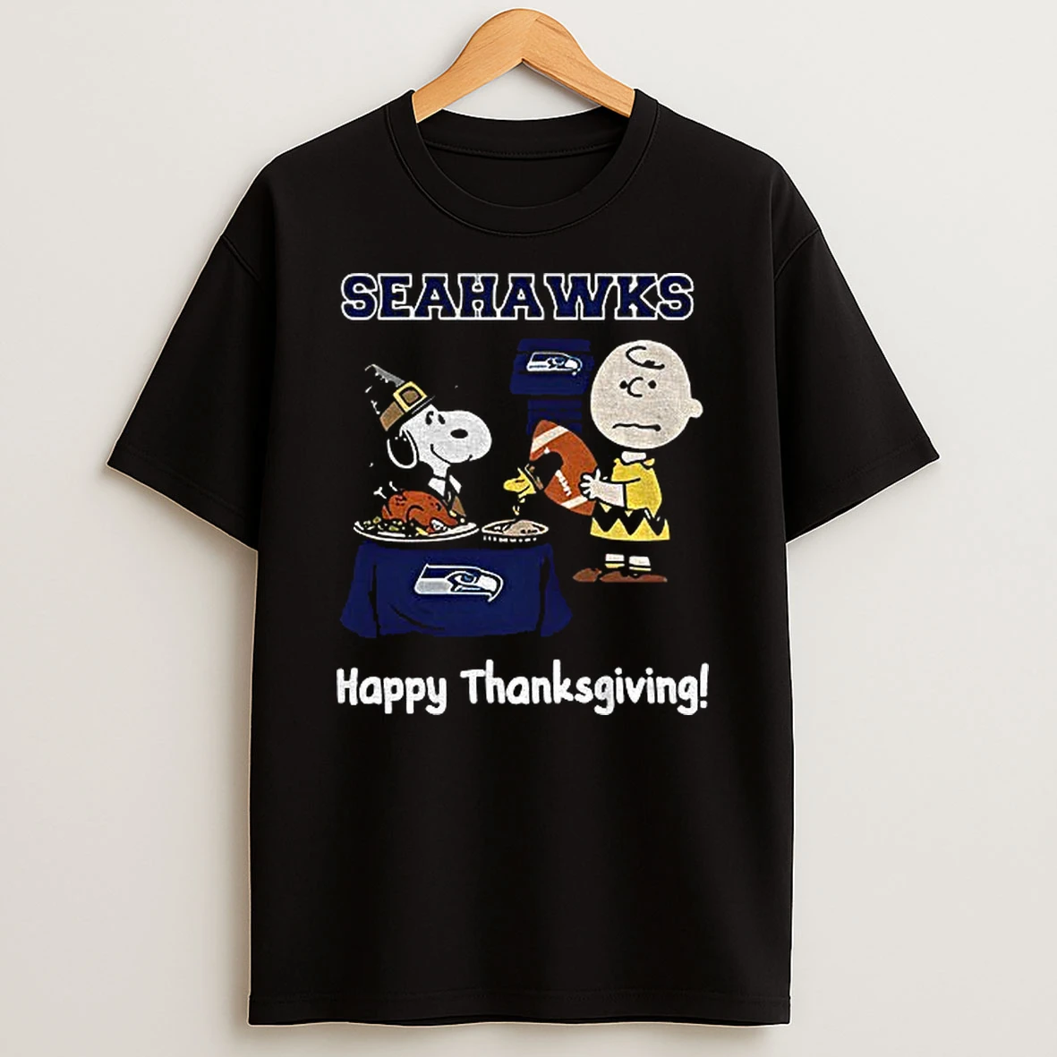 Seattle Seahawks Thanksgiving With Snoopy And Charlie Brown Nfl Tshirt Hoodie