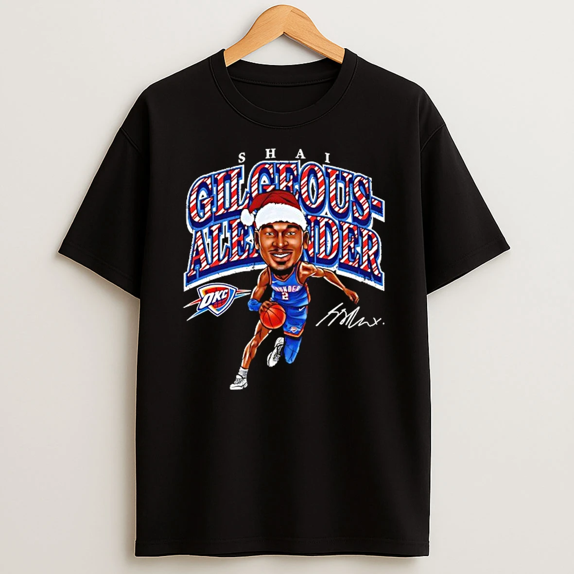 Shai Gilgeous Alexander With Santa Hat Oklahoma City Thunder Caricature Signature Tshirt Hoodie