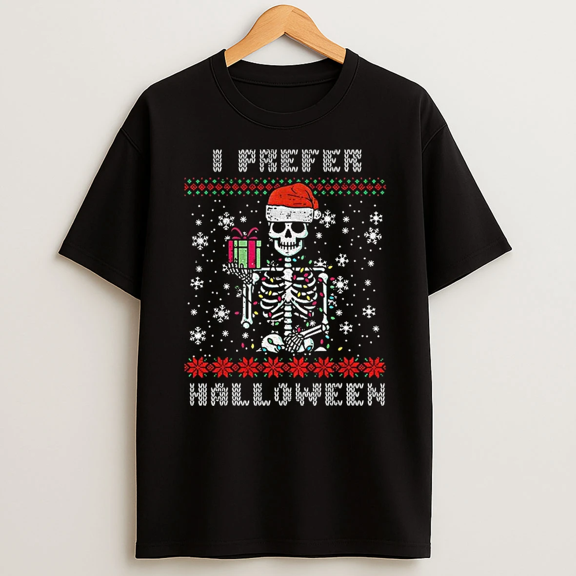 Skeleton Santa Hat I Prefer Merry Halloween Tshirt Hoodie