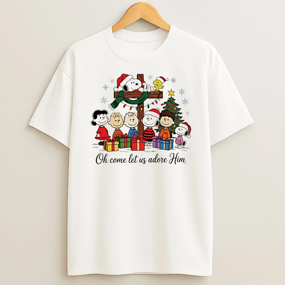 Snoopy And Peanuts Friends Oh Come Let Us Adore Him Merry Christmas Tshirt Hoodie