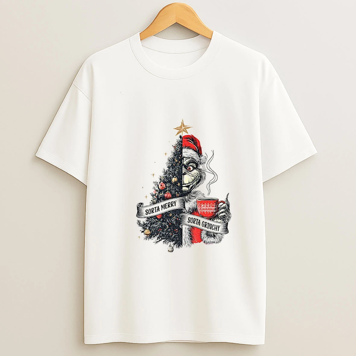 Sorta Merry Sorta Grinchy Green Mean Guy Christmas Tree Art Tshirt Hoodie