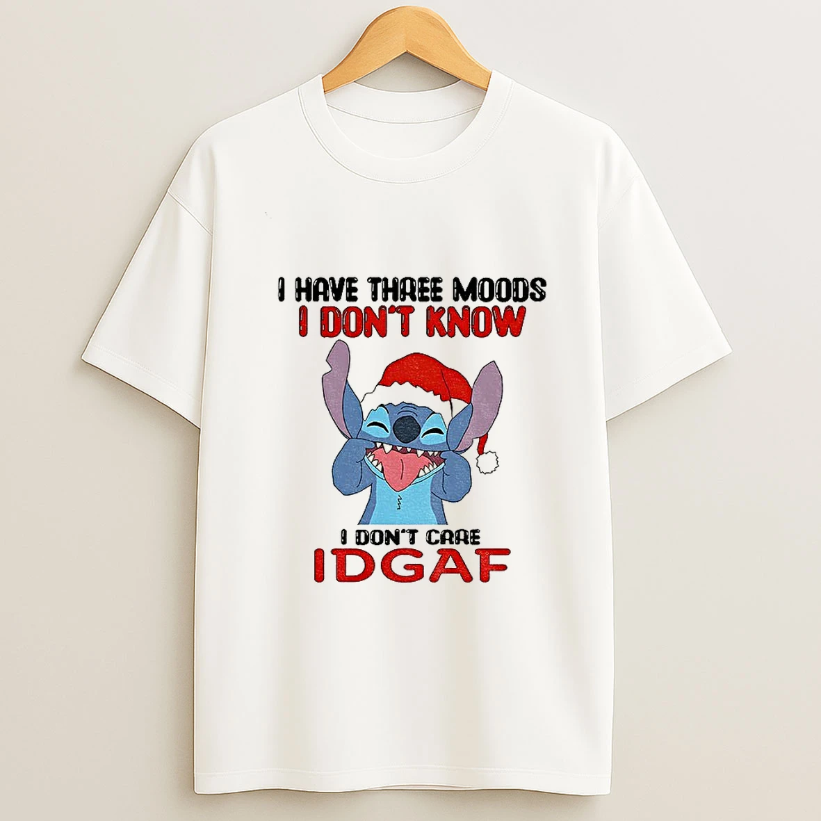 Stitch Santa Hat I Have Three Moods I Dont Know I Dont Care Idgaf Merry Christmas Tshirt Hoodie