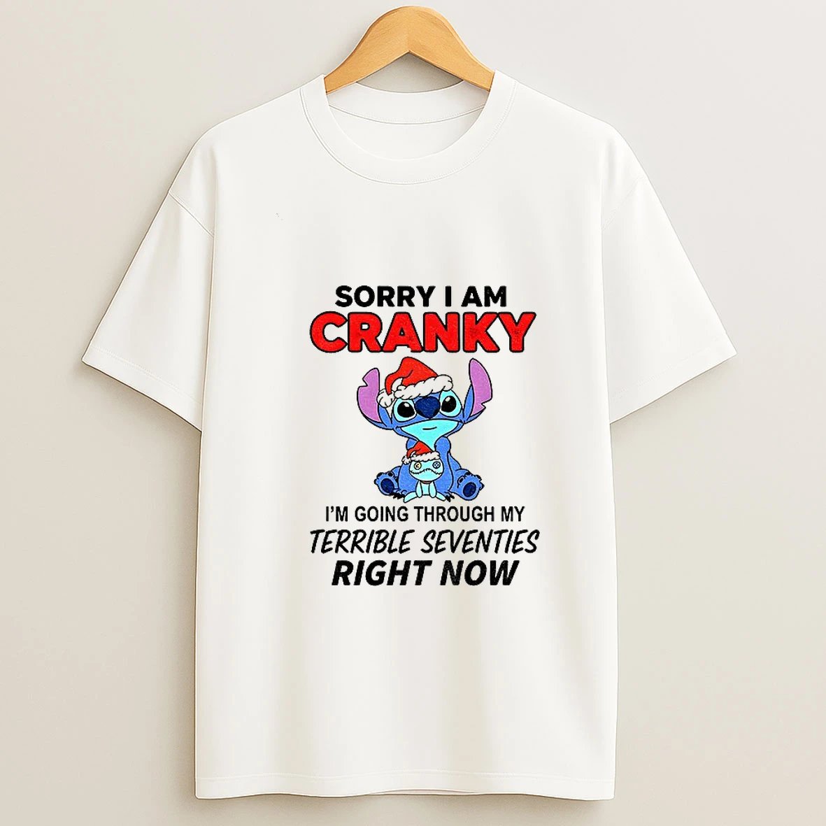 Stitch Santa Hat Sorry I Am Cranky Im Going Throuch My Terrible Seventies Richt Now Merry Christmas Tshirt Hoodie