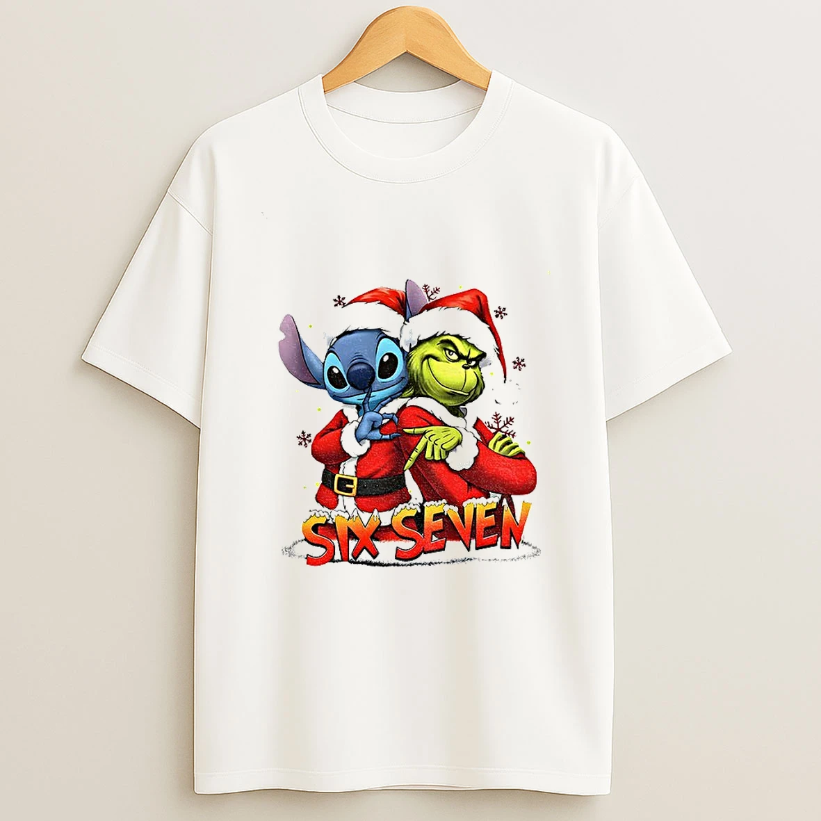 Stitch And Grinch Santa Hat Six Seven Meme Merry Christmas Tshirt Hoodie