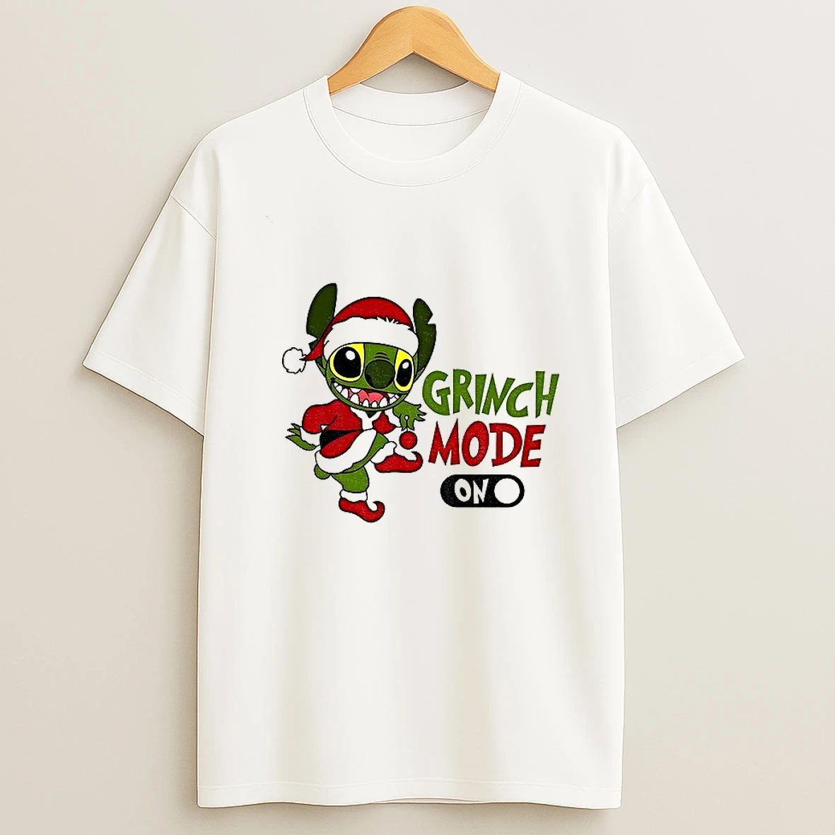 Stitch X Grinch Santa Claus Grinch Mode Turn On Merry Christmas Tshirt Hoodie