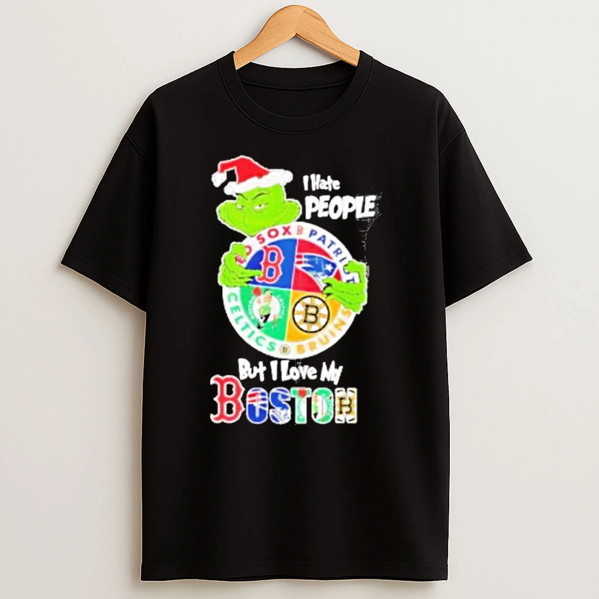 The Grinch I Hate People But I Love My Boston Team Black Tshirt Hoodie