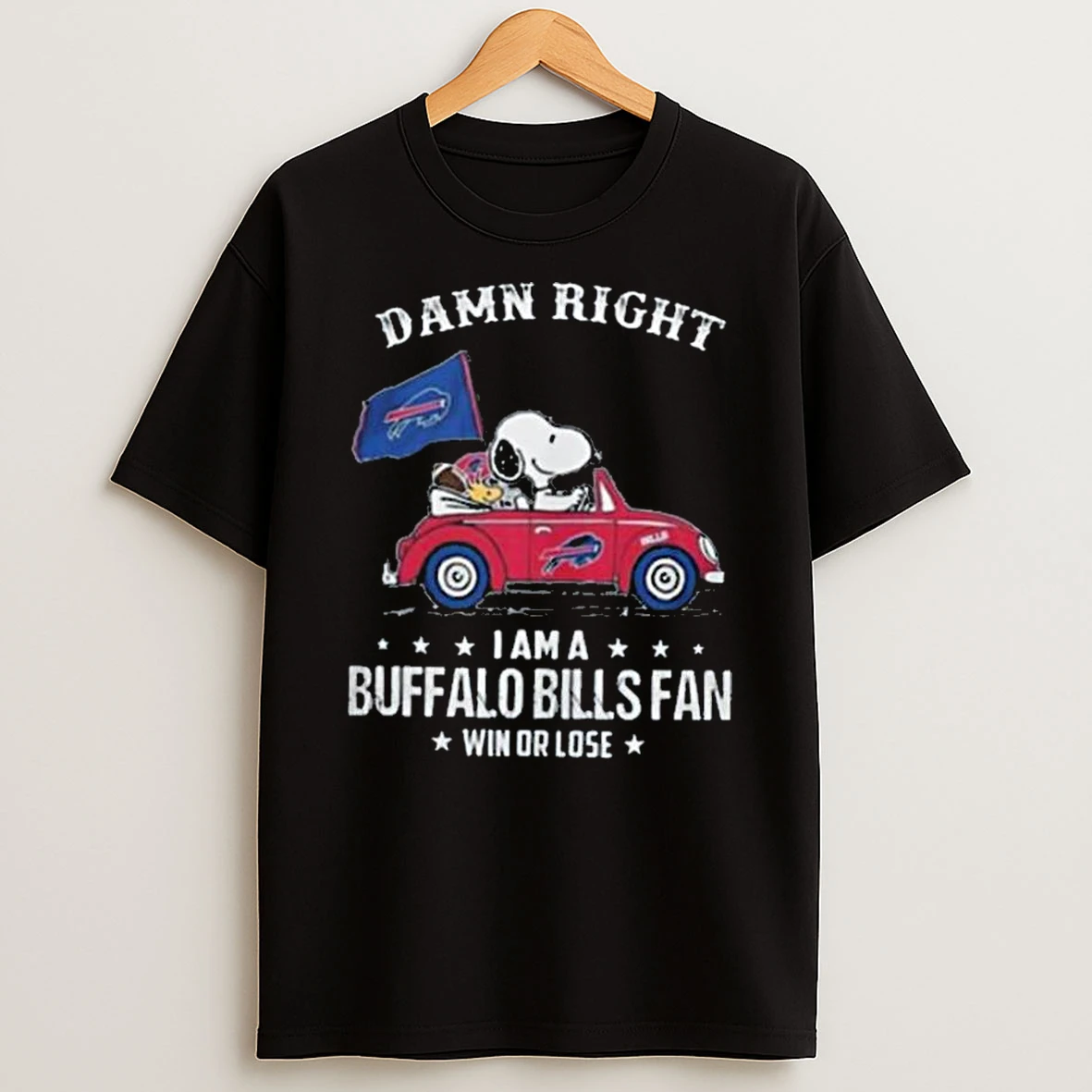 The Snoopy And Woodstock Ride The Buffalo Bills Car Damn Right I Am A Buffalo Bills Fan Win Or Lose Tshirt Hoodie