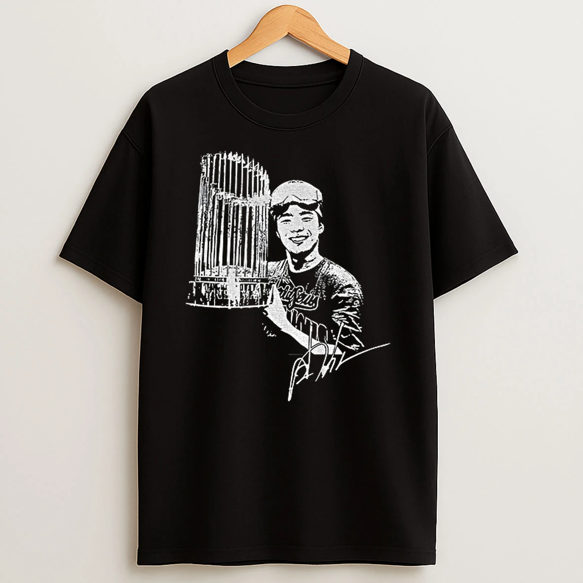 Yoshinobu Yamamoto Champions Celebration Holding Cup Los Angeles Dodgers Mlb Player Signature Tshirt Hoodie