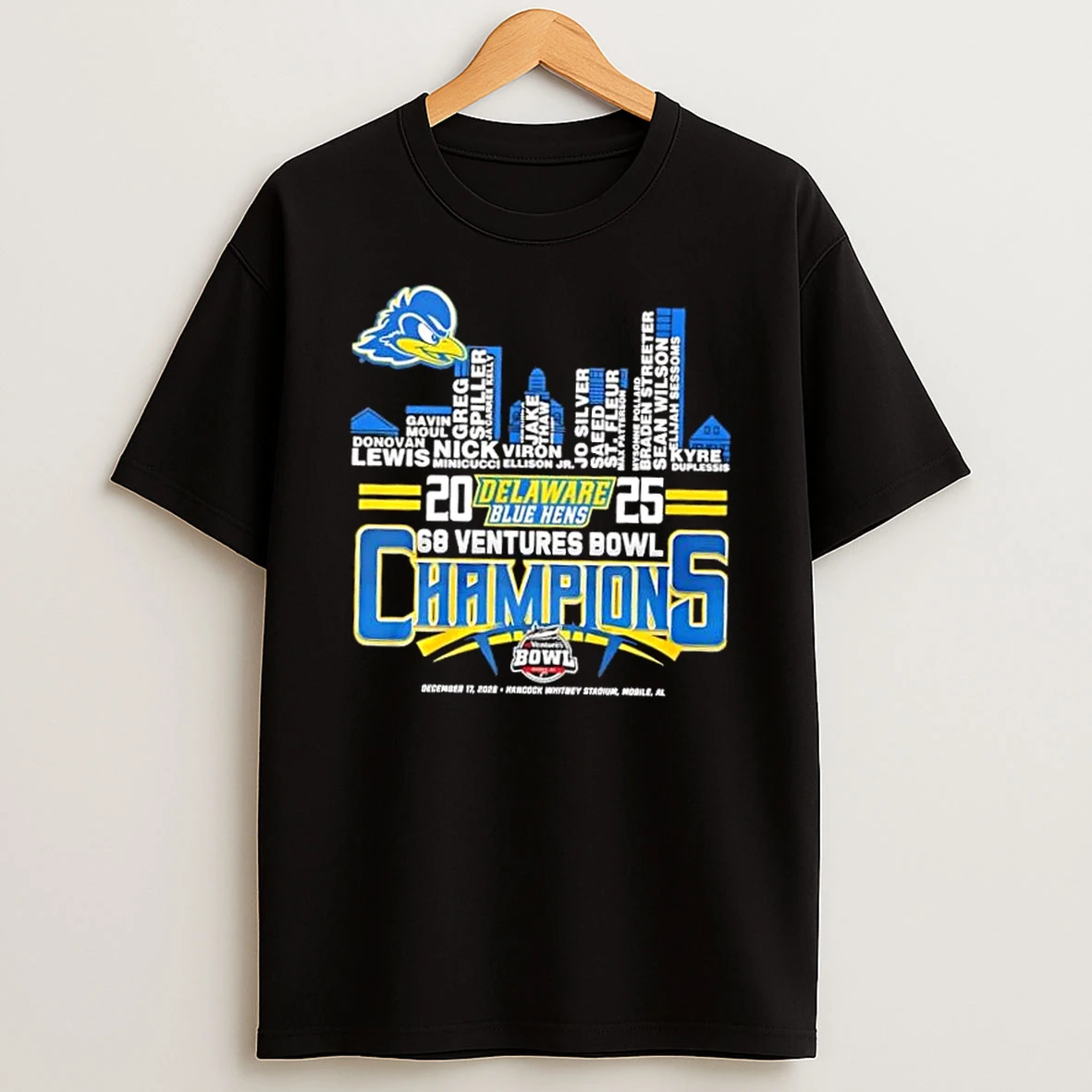 2025 68 Ventures Bowl Champions Delaware Blue Hens All Names City Skyline T Shirt